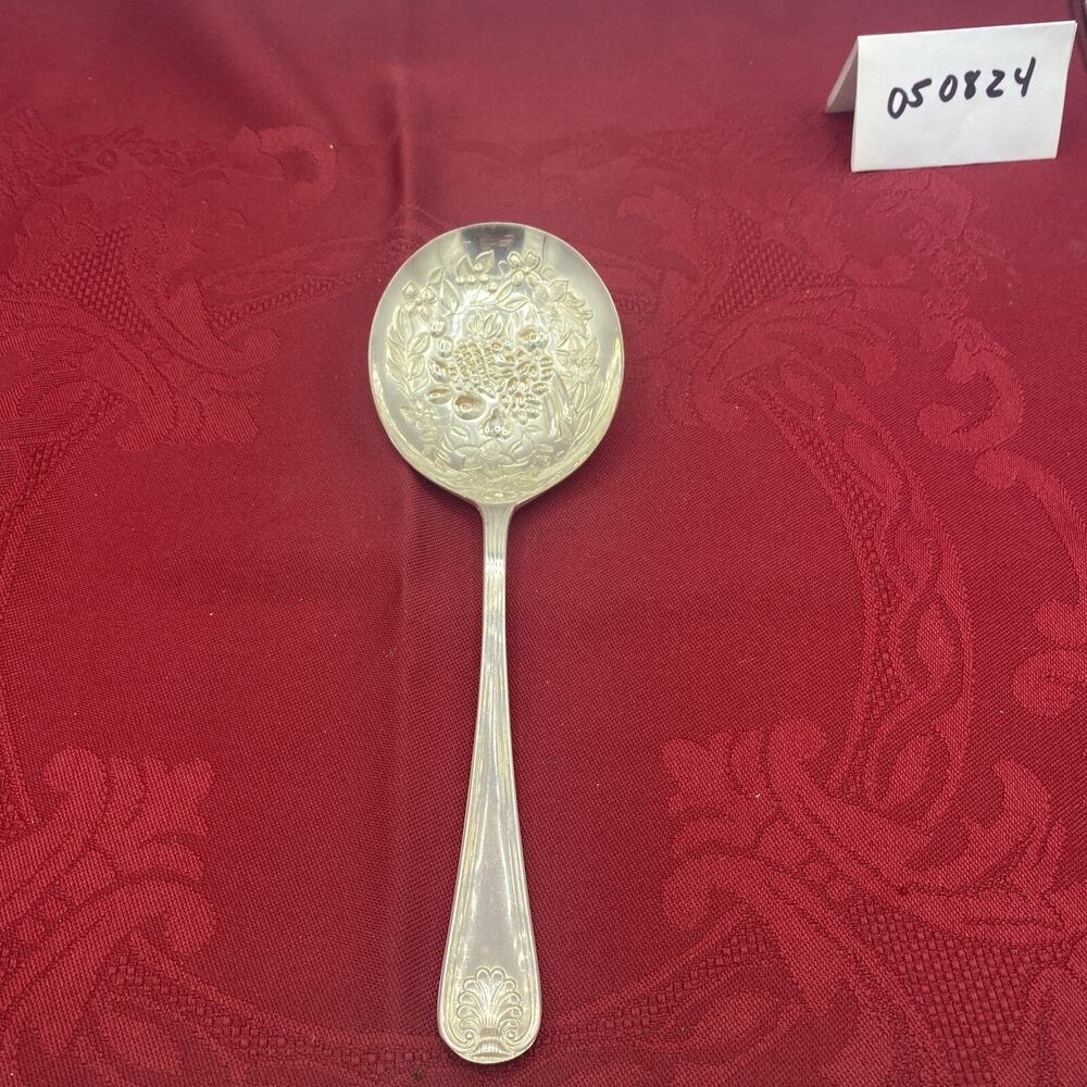 EPNS Sheffield England Serving Spoon with Embossed Fruit Design 8.5”